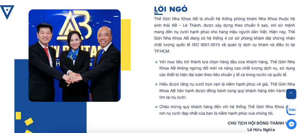 Website quảng cáo về Hệ thống Thế giới Nha khoa AB. Ảnh chụp màn hình screen-shot-2025-04-24-at-092632.png