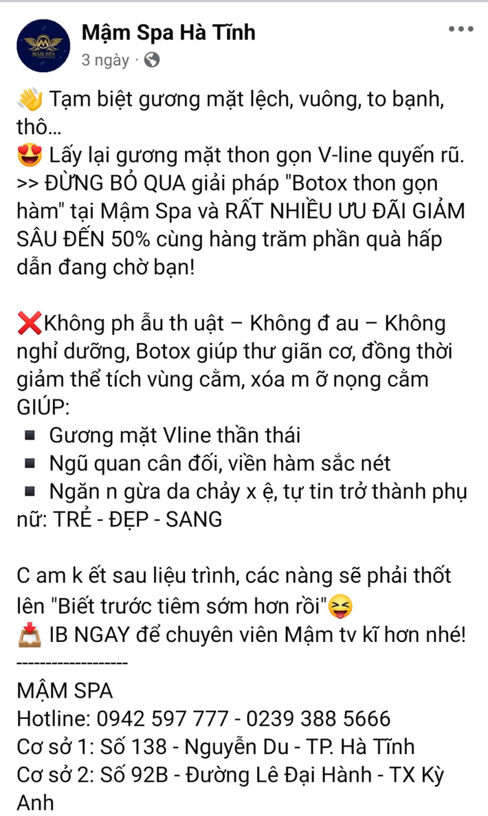 Cơ sở Mậm Spa quảng cáo thực hiện dịch vụ Botox thon gọn hàm dù không được phép làm dịch vụ này