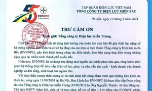 Thư Cảm ơn Tổng công ty Điện lực miền Trung ủng hộ Tổng công ty Điện lực miền Bắc khắc phục hậu quả cơn bão số 3. Ảnh: NPC 