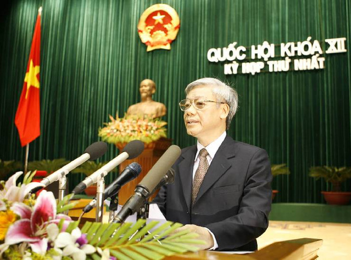 Chủ tịch Quốc hội Nguyễn Phú Trọng phát biểu tại kỳ họp thứ Nhất, Quốc hội Khóa XII. Ảnh tư liệu Kỳ họp thứ nhất