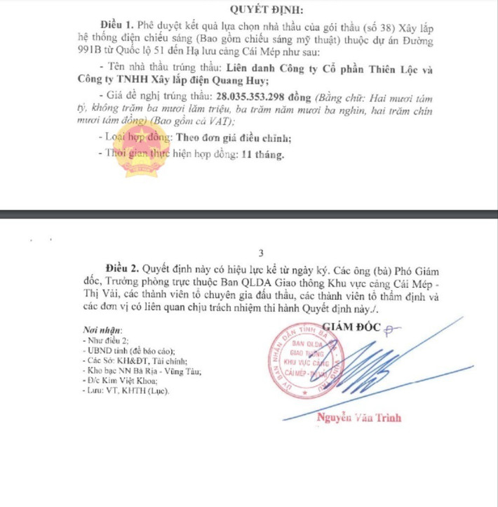 Ông Nguyễn Văn Trình – Giám đốc Ban QLDA giao thông khu vực Cảng Cái Mép – Thị Vải (Bà Rịa – Vũng Tàu) ký quyết định phê duyệt cho liên danh của Công ty Quang Huy trúng gói thầu giá hơn 28 tỷ đồng với tỷ lệ tiết kiệm khoảng 0,6% anh QH - 5.jpg