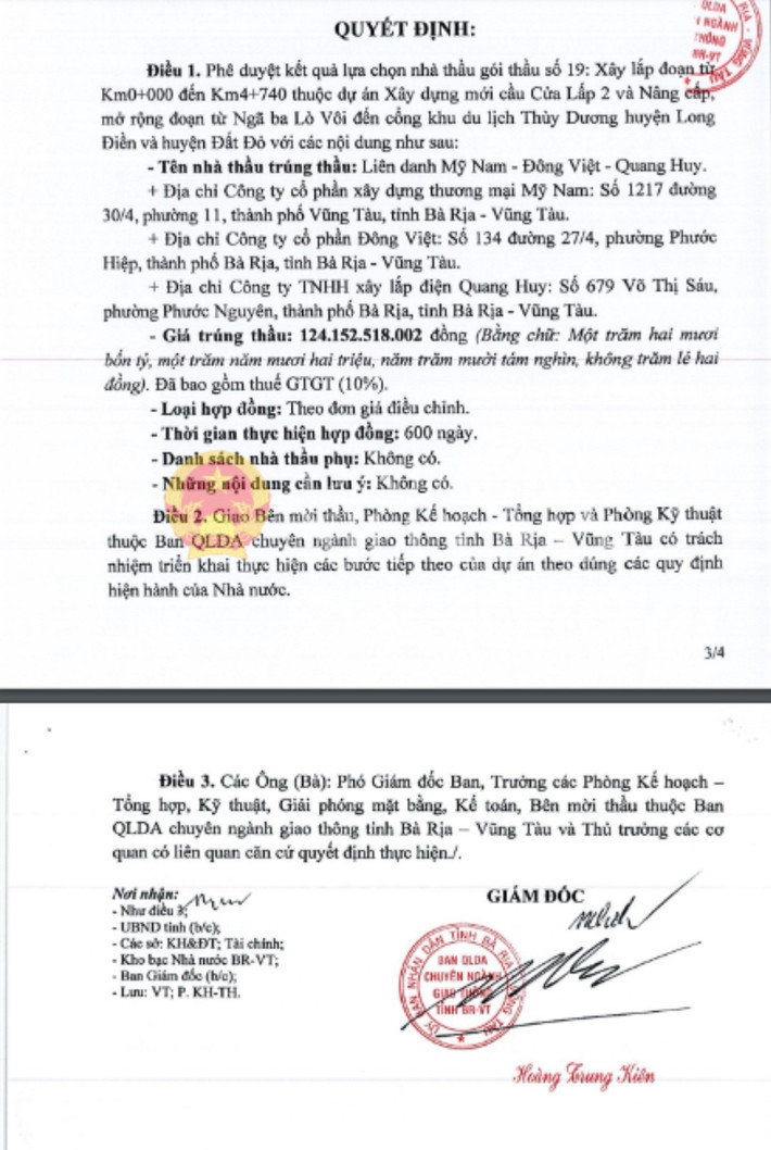 Ông Hoàng Trung Kiên – Giám đốc Ban QLDA CN giao thông tỉnh Bà Rịa – Vũng Tàu ký quyết định phê duyệt cho liên danh của Công ty Quang Huy trúng gói thầu giá hơn 124 tỷ đồng với tỷ lệ tiết kiệm khoảng 0,5% anh QH - 4.jpg