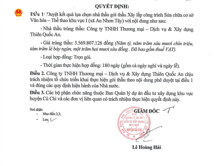 Ông Lê Hoàng Hải – Giám đốc Ban Quản lý dự án Đầu tư xây dựng khu vực huyện Củ Chi ký duyệt cho Công ty Thiên Quốc An trúng thầu gói thầu xây lắp với giá hơn 5,5 tỷ đồng với tỷ lệ tiết kiệm 1% qd-cong-ty-thien-quoc-an-1-3223.jpg
