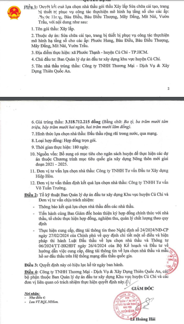 Ông Lê Hoàng Hải – Giám đốc Ban QLDA ĐTXD khu vực huyện Củ Chi ký duyệt cho Công ty Thiên Quốc An trúng thầu gói thầu xây lắp với giá hơn 3,3 tỷ đồng, tiết kiệm ngân sách 0 đồng qd-cong-ty-thien-quoc-an-5-9917.jpg