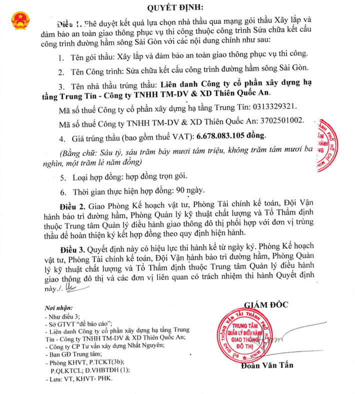 Ông Đoàn Văn Tấn – Giám đốc Trung tâm quản lý điều hành giao thông đô thị TP. Hồ Chí Minh ký quyết định phê duyệt cho Công ty Thiên Quốc An trúng gói thầu xây lắp với giá hơn 6,6 tỷ đồng qd-cong-ty-thien-quoc-an-4-4705.jpg