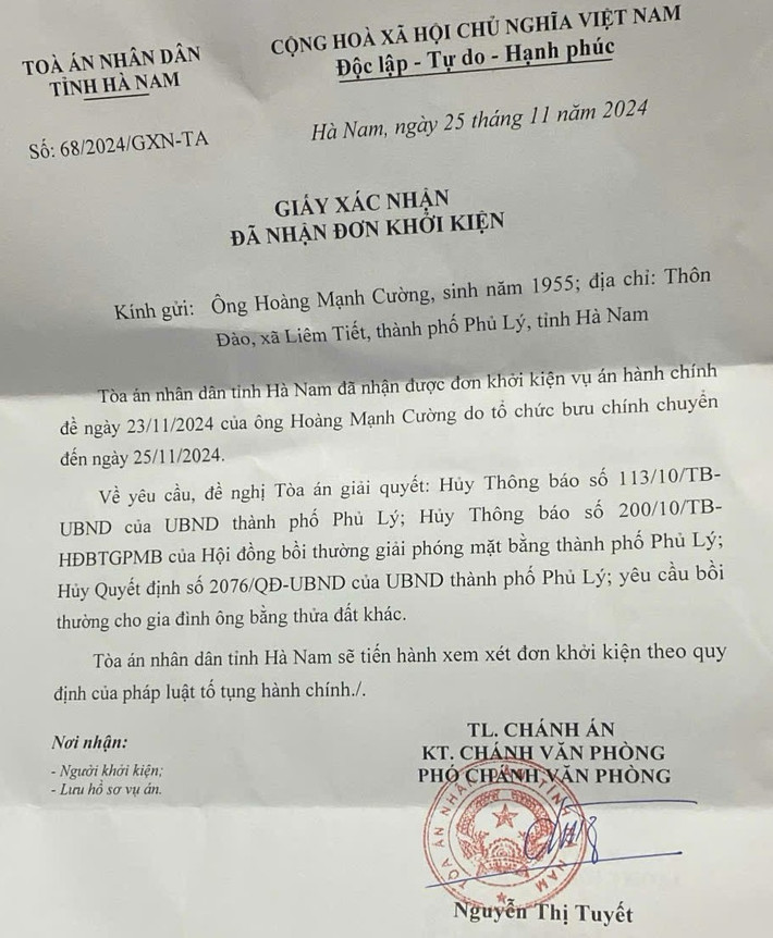 Toà án nhân dân tỉnh Hà Nam đã nhận được đơn khởi kiện vụ án hành chính của ông Hoàng Mạnh Cường với UBND TP Phủ Lý. 9fdcef959f4925177c58.jpg