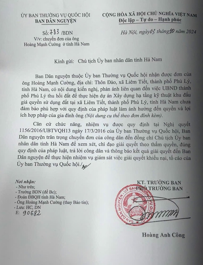 Ban Dân nguyện Quốc hội đề nghị làm rõ đơn thư của người dân liên quan việc thu hồi đất của UBND TP Phủ Lý. 654f728185423f1c6653.jpg