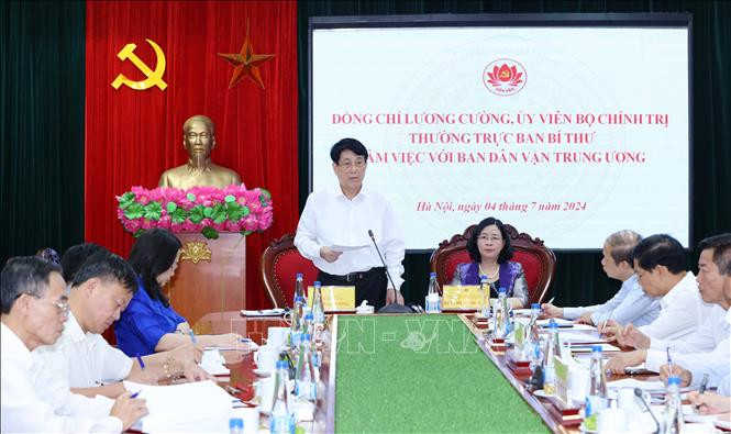 Thường trực Ban Bí thư Lương Cường phát biểu chỉ đạo tại buổi làm việc. Ảnh: Phương Hoa/TTXVN Chú thích ảnh
