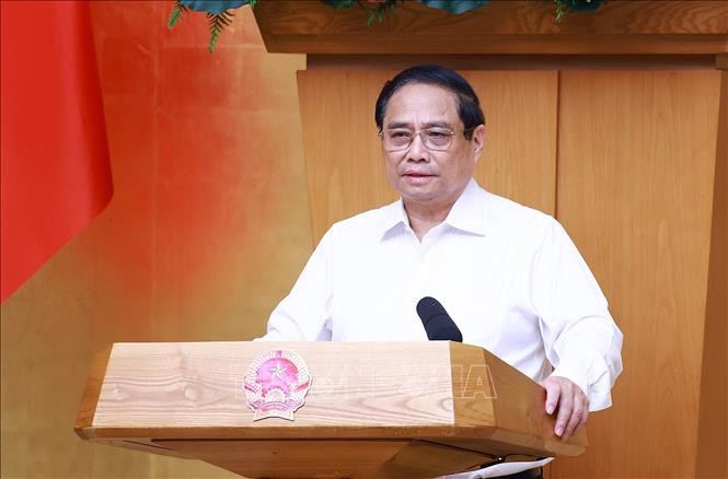 Thủ tướng Phạm Minh Chính chủ trì Phiên họp Chính phủ chuyên đề về xây dựng pháp luật. Ảnh: Dương Giang/TTXVN Chú thích ảnh