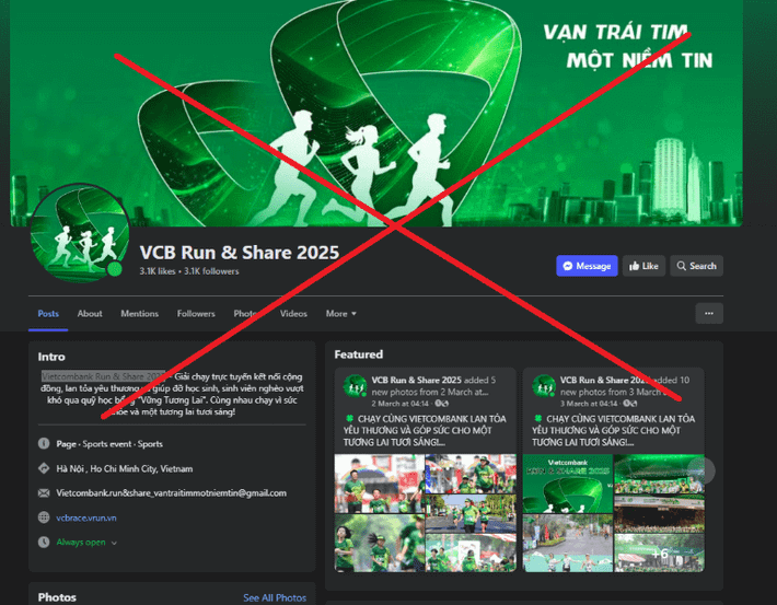 Hình ảnh fanpage giả mạo giải chạy Vietcombank Run & Share 2025 nhằm lừa đảo và chiếm đoạt tài sản của người có nhu cầu đăng ký tham gia. Ảnh: VC 20250307nmhcanh-bao-giai-chay-vcbnews.png