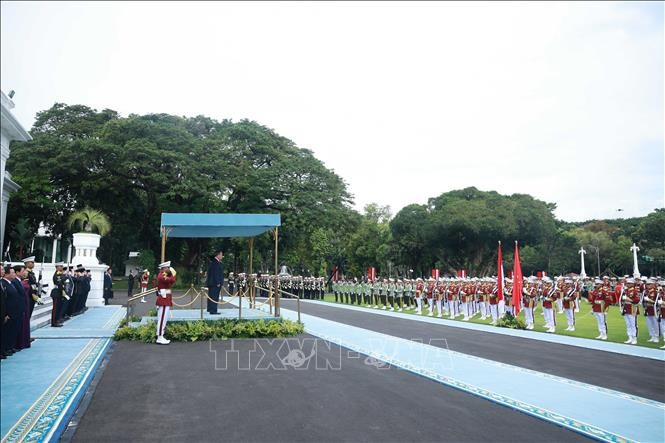 Lễ đón Tổng Bí thư Tô Lâm và Phu nhân được tổ chức trọng thể tại Phủ Tổng thống. Ảnh: Thống Nhất/TTXVN