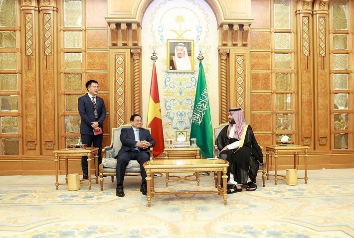Thủ tướng Phạm Minh Chính hội đàm Hoàng Thái tử kiêm Thủ tướng Vương quốc Saudi Arabia Mohammed Bin Salman. Ảnh: Dương Giang/TTXVN thu-tuong.jpg