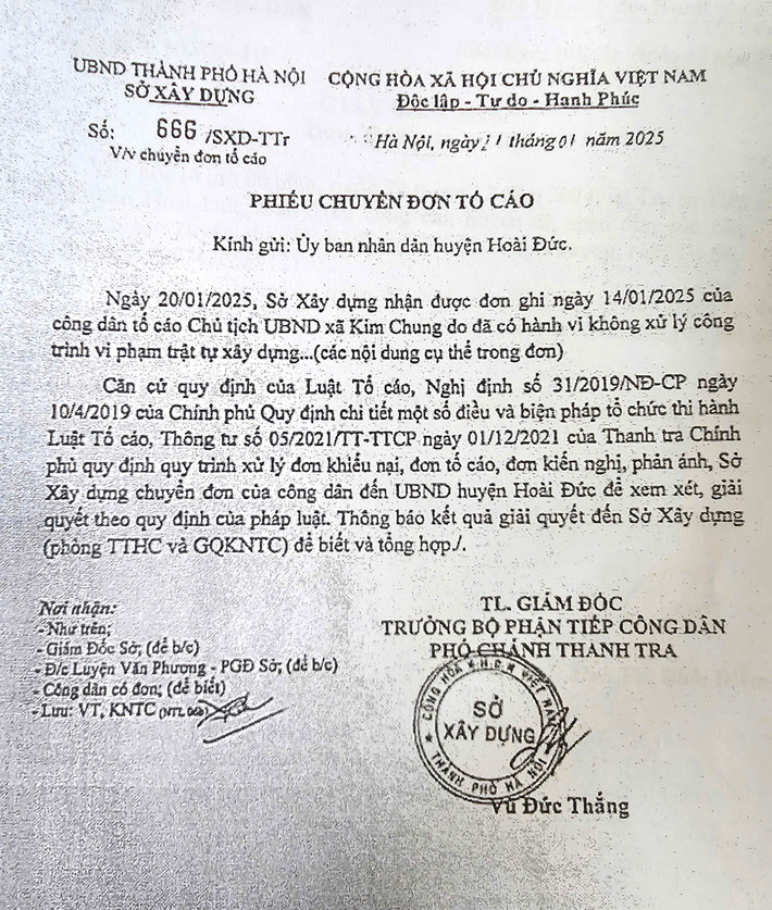 Phiếu chuyển đơn tố cáo số 666/SXD-TTr do ông Vũ Đức Thắng, Phó Chánh thanh tra ký về việc chuyển đơn tố cáo tới UBND huyện Hoài Đức xay-dung-trai-phep-kim-chung-hoai-duc-10.jpg