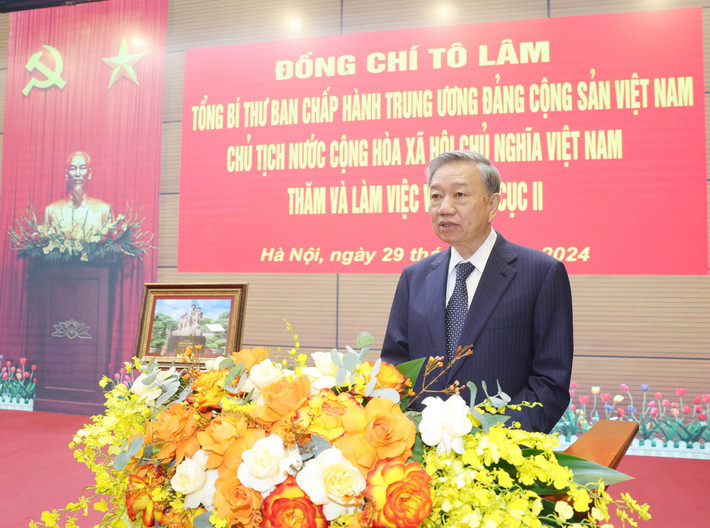 Tổng Bí thư, Chủ tịch nước Tô Lâm phát biểu chỉ đạo tại buổi làm việc với Tổng cục II, Bộ Quốc phòng Ảnh: Trí Dũng/TTXVN to-lam05.jpg