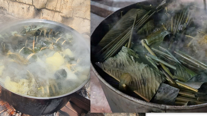 Các nồi bánh chưng, bánh tét được người dân thổi lửa nấu liên tục hơn 10 giờ đồng hồ thì bánh mới chín dẻo. Ảnh: Quang Phương nau-banh-chung1.jpg