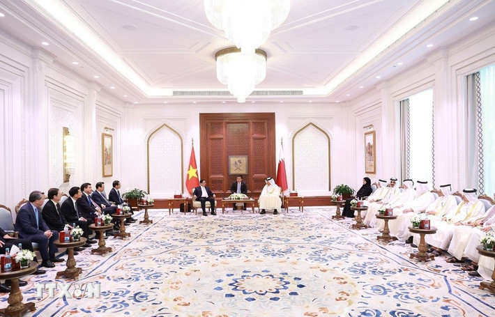 Thủ tướng Phạm Minh Chính hội kiến Chủ tịch Quốc hội Qatar Hassan bin Abdullah Al-Ghanim. Ảnh: Dương Giang/TTXVN Thủ tướng Phạm Minh Chính hội kiến Chủ tịch Quốc hội Qatar Hassan bin Abdullah Al-Ghanim. Ảnh: Dương Giang/TTXVN