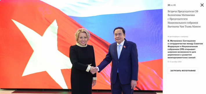 Cổng thông tin chính thức của Hội đồng Liên bang “Council.gov.ru" đưa bài và ảnh đậm nét về cuộc gặp giữa Chủ tịch Hội đồng Liên bang V. Matvienko và Chủ tịch Quốc hội Việt Nam Trần Thanh Mẫn Screenshot 2024-09-11 120428.png