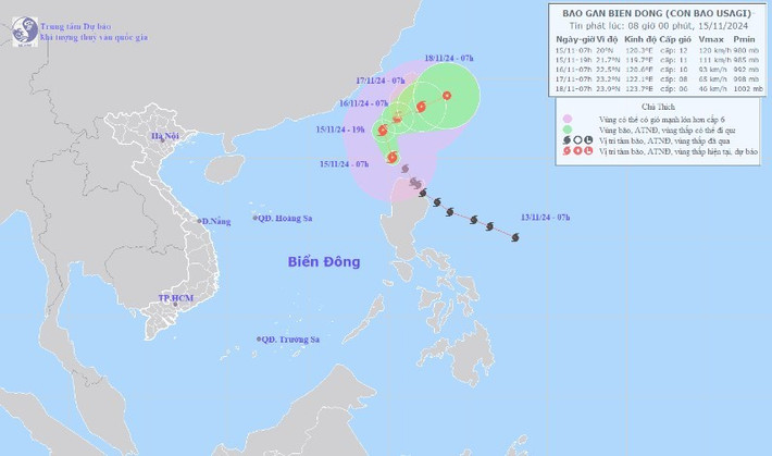 Bản đồ dự báo quỹ đạo và cường độ lúc 7h của bão Usagi ngày 15.11 (Nguồn: Trung tâm Dự báo khí tượng thủy văn Quốc gia) 9.jpg