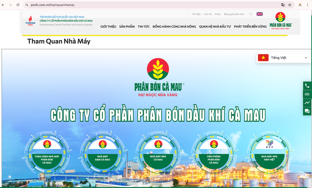 Giao diện website tham quan Nhà máy Phân Bón Cà Mau trực tuyến bằng công nghệ thực tế ảo. Ảnh: PVCFC cui.png
