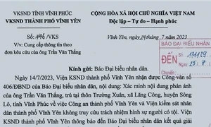 VKSND TP Vĩnh Yên phản hồi đơn thư phản ánh việc không truy cứu trách nhiệm hình sự người có tội