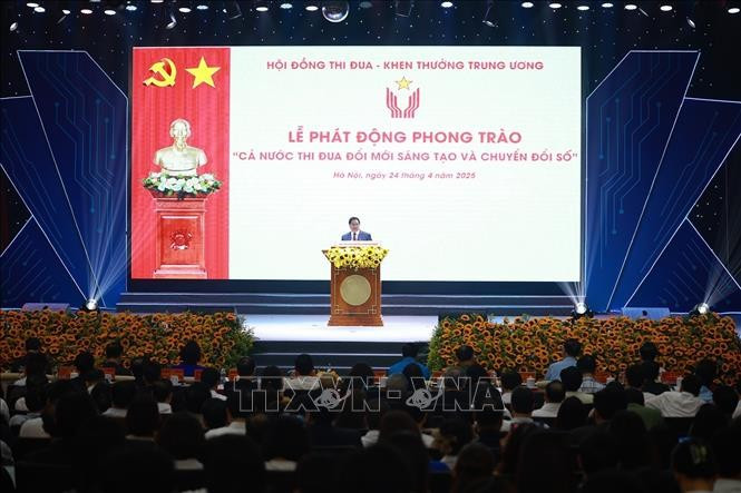 Thủ tướng Phạm Minh Chính, Chủ tịch Hội đồng Thi đua - Khen thưởng Trung ương phát động Phong trào “Cả nước thi đua đổi mới sáng tạo và chuyển đổi số”. Ảnh: Dương Giang/TTXVN. Thủ tướng Phạm Minh Chính, Chủ tịch Hội đồng Thi đua - Khen thưởng Trung ương phát động Phong trào “Cả nước thi đua đổi mới sáng tạo và chuyển đổi số”. Ảnh: Dương Giang/TTXVN.