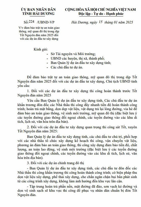 Công văn số 224/UBND-VP yêu cầu Các chủ đầu tư dự án bảo đảm trật tự an toàn giao thông, mỹ quan đô thị trong dịp Tết Nguyên đán 2025 hd.jpg