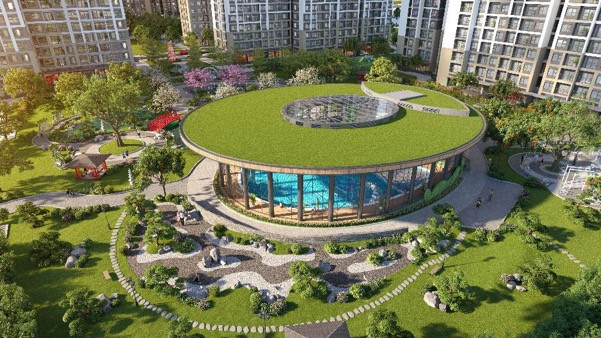 Hồ bơi 4 mùa nội khu The Sakura nhìn từ bên ngoài. Hồ bơi 4 mùa nội khu The Sakura nhìn từ bên ngoài.