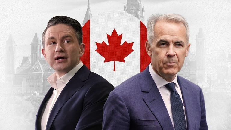 Ứng cử viên đảng Bảo thủ Pierre Poilievre và ứng cử viên đảng Tự do Mark Carney. Ảnh: Sky News skynews-canada-election-6889806.jpg