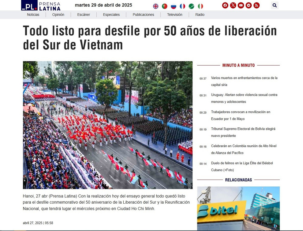 Tờ Prensa Latina đưa tin, mọi công tác chuẩn bị cho lễ diễu binh, diễu hành trọng thể tại Thành phố Hồ Chí Minh đã hoàn tất sau buổi tổng duyệt vào ngày 27.4. untitled.jpg