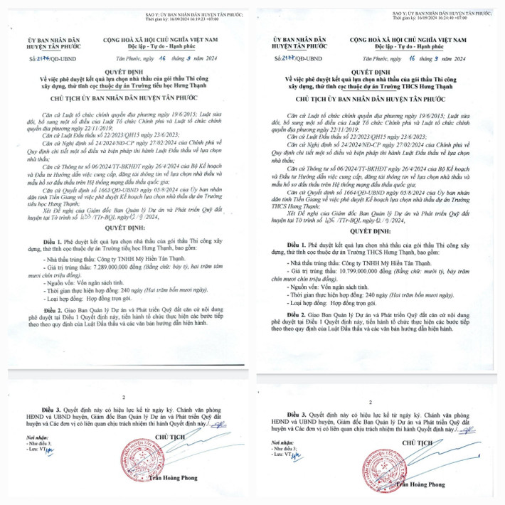 Ngày 16.9.2024, Chủ tịch UBND huyện Tân Phước Trần Hoàng Phong ký quyết định phê duyệt Công ty TNHH Mỹ Hiền Tân Thạnh trúng 2 gói thầu cùng có tỷ lệ tiết kiệm ngân sách gần 0,2%. 169-3812-9469.jpg