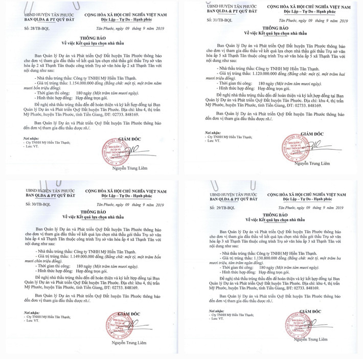 Ngày 9.9.2019, Giám đốc Ban QLDA-PTQĐ huyện Tân Phước Nguyễn Trung Liêm ký liên tiếp 4 thông báo Công ty TNHH Mỹ Hiền Tân Thạnh trúng 4 gói thầu 99-5341-2982.jpg