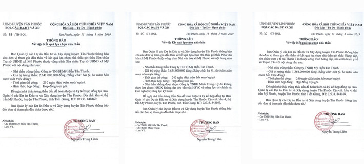 Ngày 13.3.2019, Giám đốc Ban QLDA-PTQĐ huyện Tân Phước Nguyễn Trung Liêm ký 3 thông báo Công ty TNHH Mỹ Hiền Tân Thạnh trúng 3 gói thầu 13-7389-7972.jpg