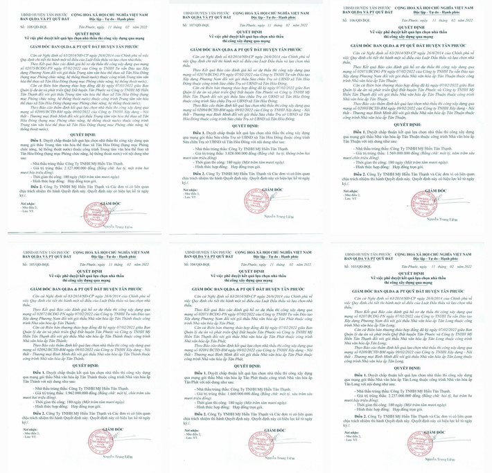 Ngày 11.2.2022, Giám đốc Ban QLDA-PTQĐ huyện Tân Phước Nguyễn Trung Liêm ký liên tiếp 6 quyết định phê duyệt Công ty TNHH Mỹ Hiền Tân Thạnh trúng gói 6 gói thầu với tỷ lệ tiết kiệm ngân sách từ 0,3-0,6% (9-10 triệu đồng). 112-5650-4706.jpg