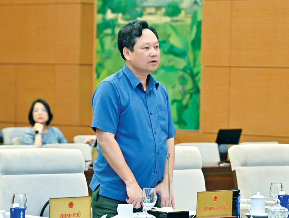 Phó Chánh án Tòa án Nhân dân Tối cao Trần Văn Tiến trình bày Tờ trình dự án Luật. Ảnh: Quang Khánh tv-chieu03.jpg