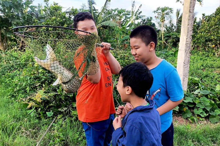 Các con của chị Thanh Ngọc được trải nghiệm làm vườn, bắt cá, lươn, bắt ốc trong kỳ nghỉ hè (Ảnh NVCC) Cho con mùa hè lý thú và an toàn -0