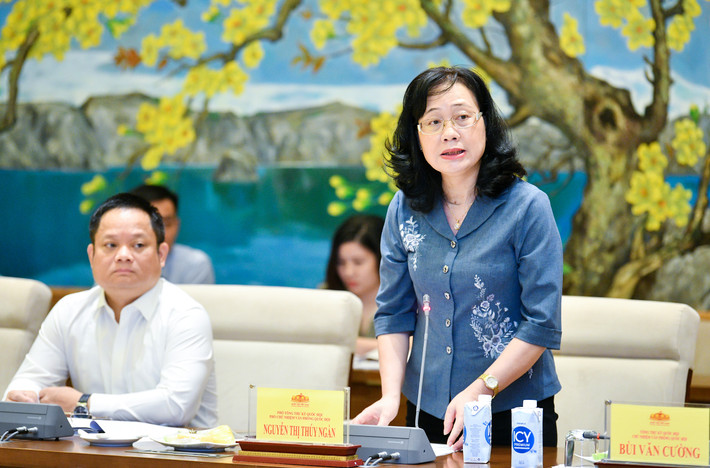 Phó Tổng Thư ký Quốc hội, Phó Chủ nhiệm Văn phòng Quốc hội Nguyễn Thị Thúy Ngần báo cáo về công tác chuẩn bị kỳ họp. Phó Chủ tịch Quốc hội, Thượng tướng Trần Quang Phương chủ trì cuộc họp rà soát công tác chuẩn bị Kỳ họp thứ 7, Quốc hội Khóa XV -0
