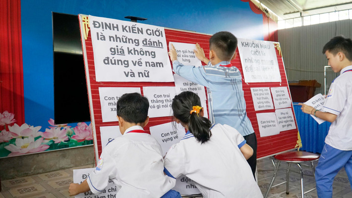 Học sinh tham gia các hoạt động tìm hiểu về bình đẳng giới. Ảnh: TH Chung tay xây dựng