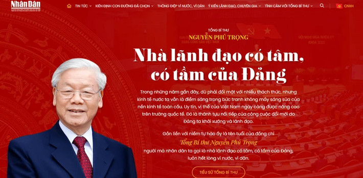 Giao diện trang chủ của Trang thông tin đặc biệt Tổng Bí thư Nguyễn Phú Trọng - Nhà lãnh đạo có tâm, có tầm của Đảng Khai trương Trang thông tin đặc biệt 'Tổng Bí thư Nguyễn Phú Trọng - Nhà lãnh đạo có tâm, có tầm của Đảng' -0
