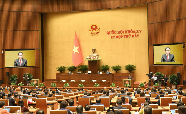 Chủ tịch Quốc hội Trần Thanh Mẫn phát biểu bế mạc Kỳ họp thứ Bảy, Quốc hội Khóa XV. Ảnh: Lâm Hiển ,Sớm đưa các quyết sách của Quốc hội đi vào cuộc sống