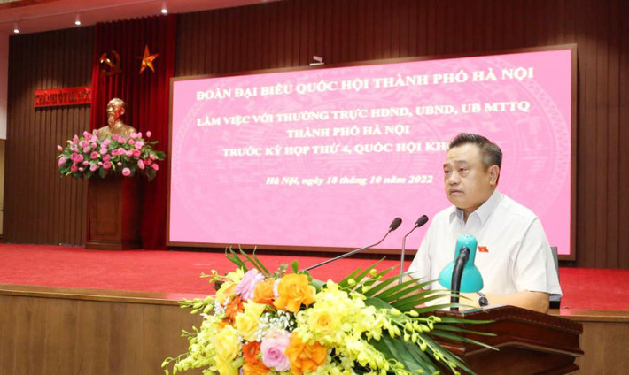 Chủ tịch UBND thành phố Hà Nội Trần Sỹ Thanh phát biểu tại buổi làm việc. Hà Nội: Phấn đấu hoàn thành các nhiệm vụ, mục tiêu năm 2022 -0