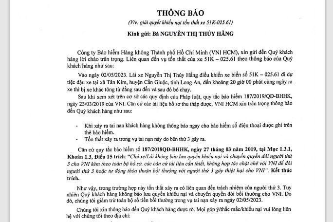 Thông báo từ chối bồi thường thiệt hại xe cơ giới của Công ty Bảo hiểm Hàng không gửi chị Hằng Công ty Bảo hiểm Hàng không TP. Hồ Chí Minh “bỏ rơi” khách hàng gặp nạn? -0