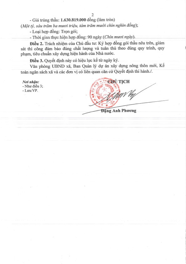 Chủ tịch UBND xã Cự Khê ký Quyết định lựa chọn nhà thầu trúng thầu là Công ty TNHH đầu tư thương mại và xây dựng Thắng Lợi Doanh nghiệp liên tiếp trúng các gói thầu đầu tư công có mức tiết kiệm cho ngân sách