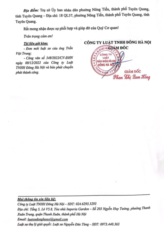 Công văn của Công ty Luật TNHH Đông Hà Nội gửi UBND phường Nông Tiến Vụ người dân thắng kiện UBND TP Tuyên Quang: Phường Nông Tiến có né tránh trách nhiệm xác nhận nguồn gốc đất và cung cấp thông tin?