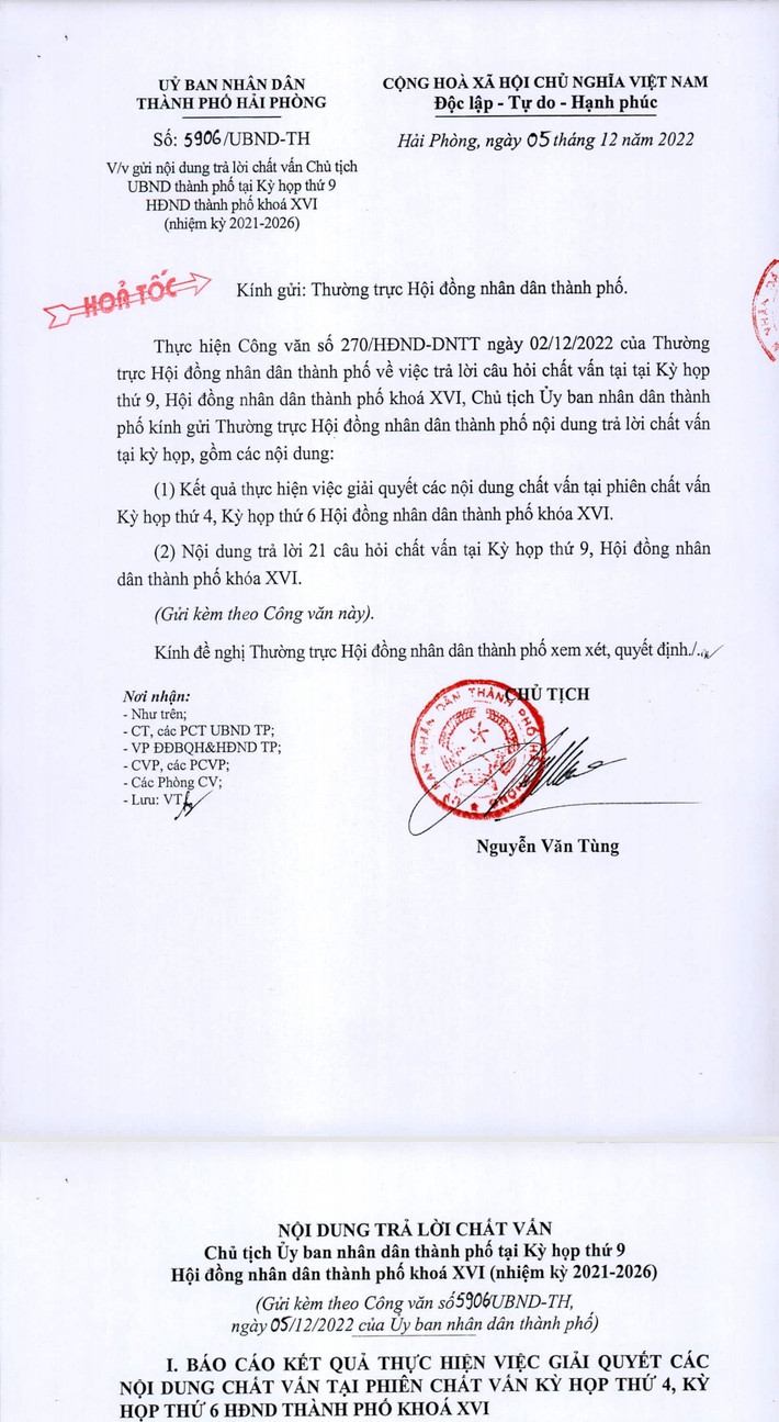 Văn bản về nội dung trả lời chất vấn của Chủ tịch UBND thành phố Hải Phòng gửi Thường trực HĐND thành phố về nội dung trả lời chất vấn tại Kỳ họp thứ 9, HĐND thành phố Khóa XVI Hải Phòng: Xác định rõ trách nhiệm khi chậm đưa dân về ở các chung cư mới thay thế chung cư xuống cấp -0