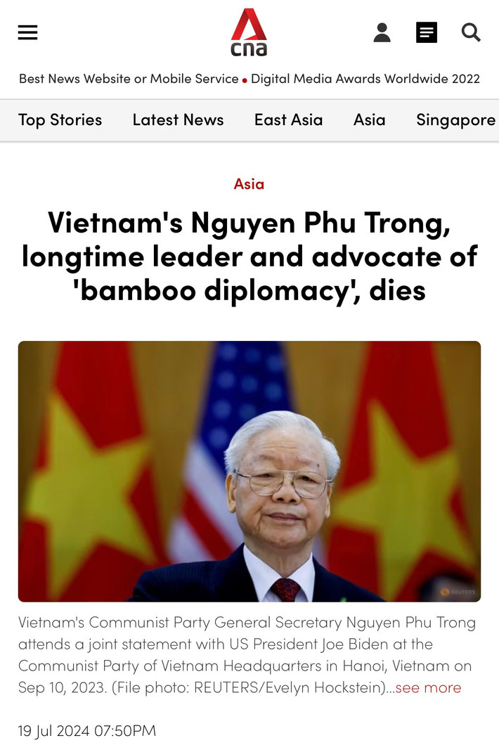 Báo chí quốc tế ca ngợi di sản của Tổng Bí thư Nguyễn Phú Trọng ảnh 1 Bài báo trên trang nhất tờ Channel News Asia với dòng tít: