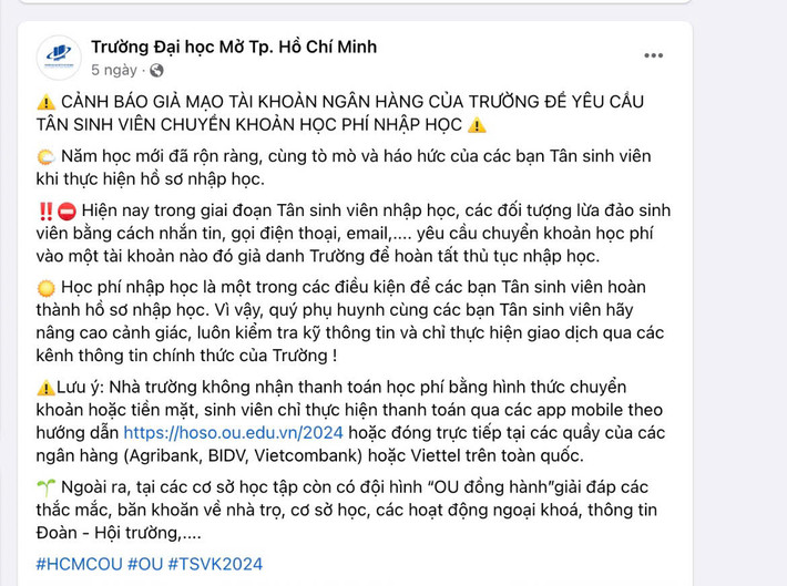 Thông tin cảnh báo giả mạo tài khoản ngân hàng để yêu cầu tân sinh viên chuyển khoản học phí nhập học đăng tải trên fanpage trường (Ảnh chụp màn hình) Nhiều trường đại học cảnh báo lừa đảo nhập học -0