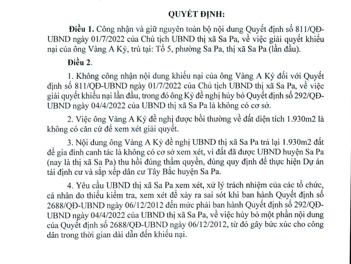 UBND tỉnh Lào Cai yêu cầu UBND thị xã Sa Pa xem xét, xử lý trách nhiệm của các tổ chức, cá nhân do thiếu kiểm tra, xem xét để xảy ra sai sót khi ban hành quyết định. Lào Cai: Xem xét, xử lý trách nhiệm tổ chức, cá nhân để xảy ra sai sót khi ban hành quyết định -1