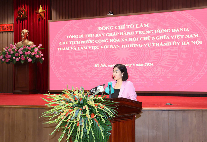 Phó Bí thư Thường trực Thành ủy Nguyễn Thị Tuyến phát biểu. Ảnh: Trí Dũng Tổng Bí thư, Chủ tịch nước Tô Lâm thăm, làm việc với Ban Thường vụ Thành ủy Hà Nội -0