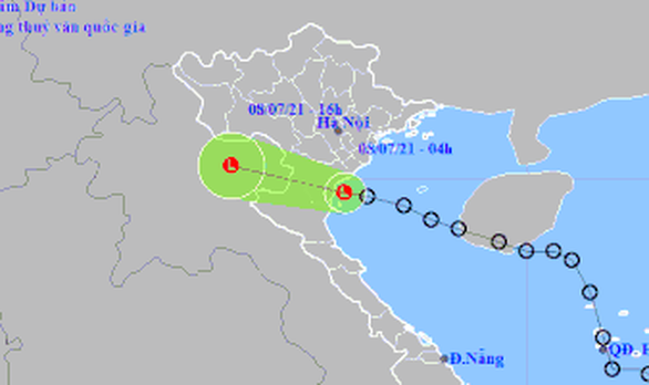 Sáng 8.7, sau khi đi vào vùng biển từ Thái Bình đến Thanh Hóa, áp thấp nhiệt đới đã suy yếu thành một vùng áp thấp. Ảnh: Trung tâm Khí tượng Thủy văn Quốc gia Sáng sớm nay, sau khi đi vào vùng biển từ Thái Bình đến Thanh Hóa, áp thấp nhiệt đới đã suy yếu thành một vùng áp thấp