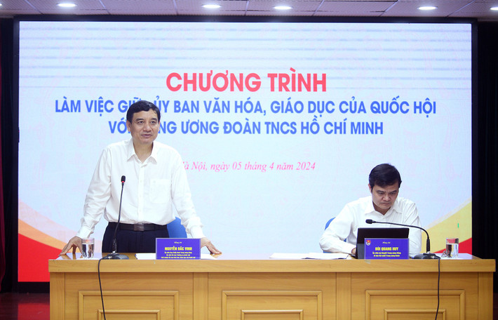 Chủ nhiệm Ủy ban Văn hóa, Giáo dục Nguyễn Đắc Vinh và Bí thư Thứ nhất Trung ương Đoàn TNCS Hồ Chí Minh Bùi Quang Huy chủ trì cuộc làm việc Thường trực Ủy ban Văn hóa, Giáo dục làm việc với Trung ương Đoàn TNCS Hồ Chí Minh -1